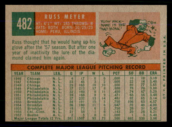 1959 Topps Baseball #482 Russ Meyer A's EX-MT 559061