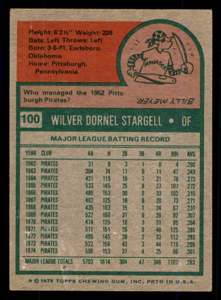 1975 Topps Baseball #100 Willie Stargell Pirates VG-EX 559087