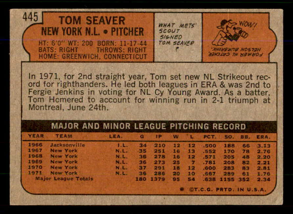 1972 Topps Baseball #445 Tom Seaver Mets VG-EX 559095