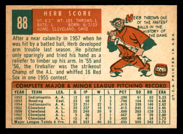 1959 Topps Baseball #088 Herb Score Indians EX-MT 559130