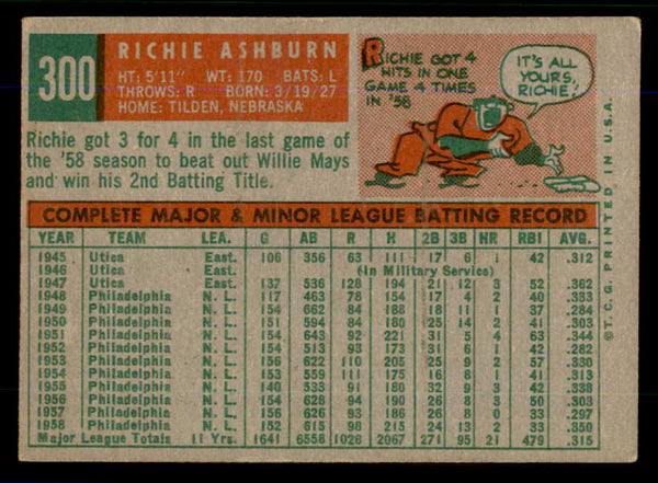 1959 Topps Baseball #300 Richie Ashburn Phillies VG-EX 559133