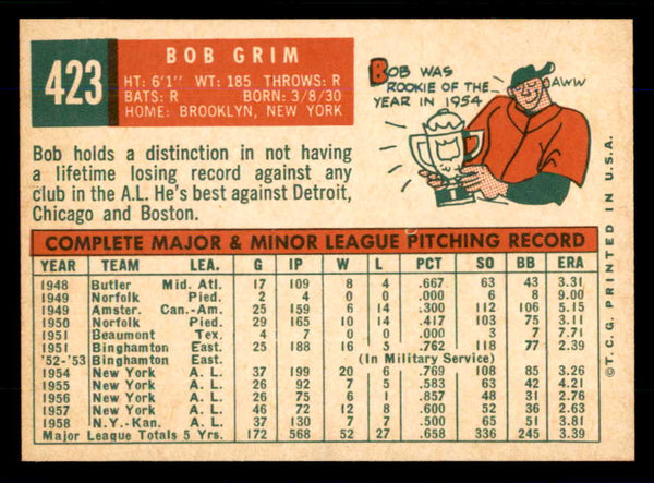 1959 Topps Baseball #423 Bob Grim A's NR-MT 559140