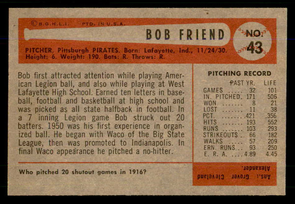 1954 Bowman Baseball #043 Bob Friend Pirates EX-MT 559141