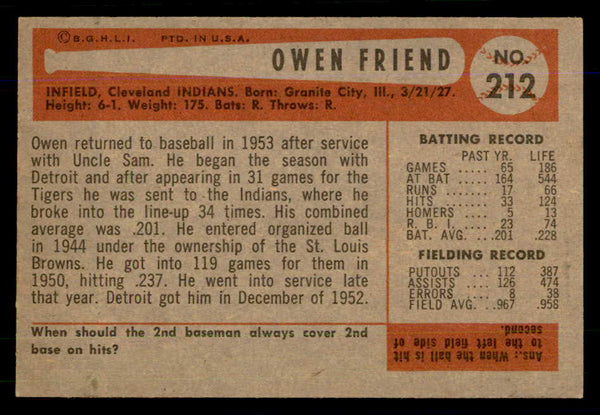 1954 Bowman Baseball #212 Owen Friend Indians EX-MT 559146