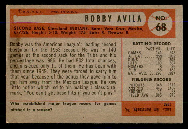 1954 Bowman Baseball #068 Bobby Avila Indians EX-MT 559147