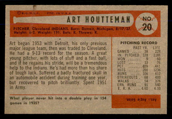 1954 Bowman Baseball #020 Art Houtteman Indians EX-MT 559149