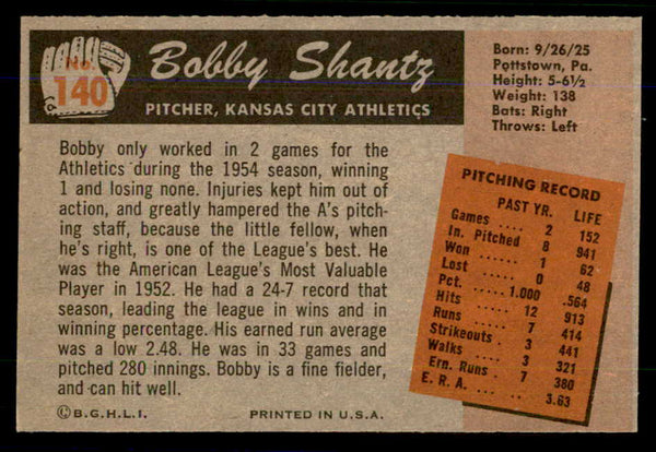 1955 Bowman Baseball #140 Bobby Shantz A's NR-MT 559155