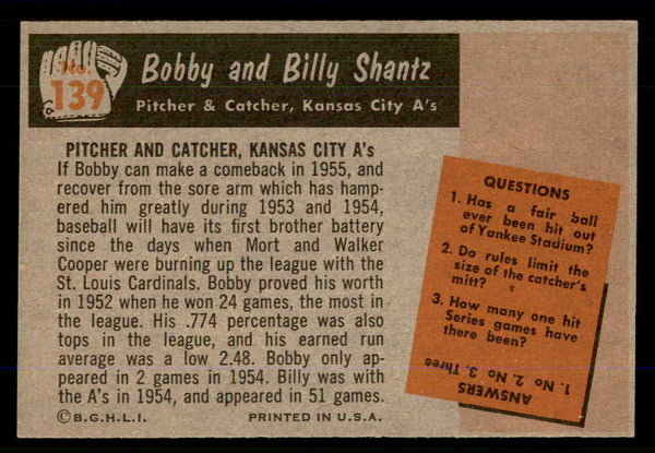 1955 Bowman Baseball #139 Bobby Shantz Billy Shantz EX-MT 559161