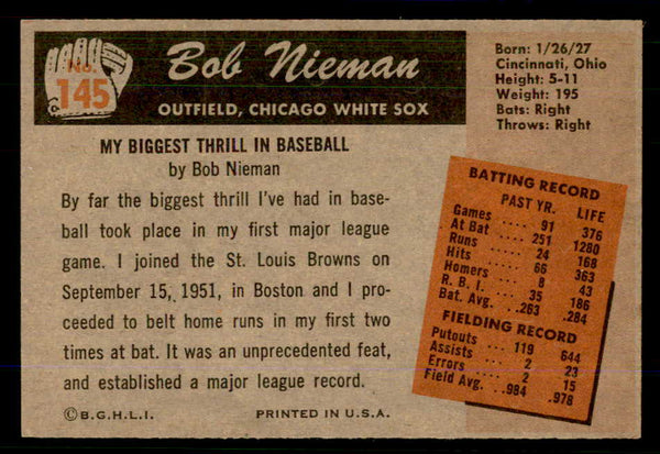 1955 Bowman Baseball #145 Bob Nieman White Sox NR-MT 559164