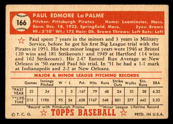 1952 Topps Baseball #166 Paul Lapalme Pirates VG-EX 559194