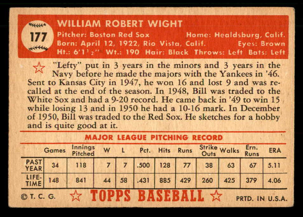 1952 Topps Baseball #177 Bill Wight Red Sox VG-EX 559200