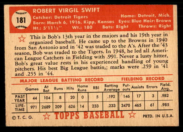 1952 Topps Baseball #181 Bob Swift Tigers VG-EX 559202