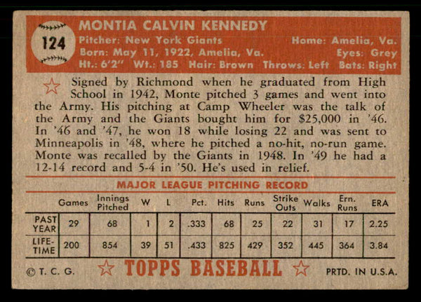 1952 Topps Baseball #124 Monte Kennedy Giants VG-EX 559204