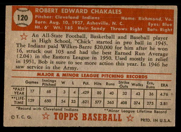 1952 Topps Baseball #120 Bob Chakales Indians VG-EX 559206