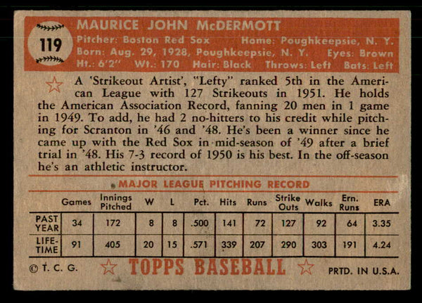 1952 Topps Baseball #119 Maurice McDermott Red Sox VG-EX 559207