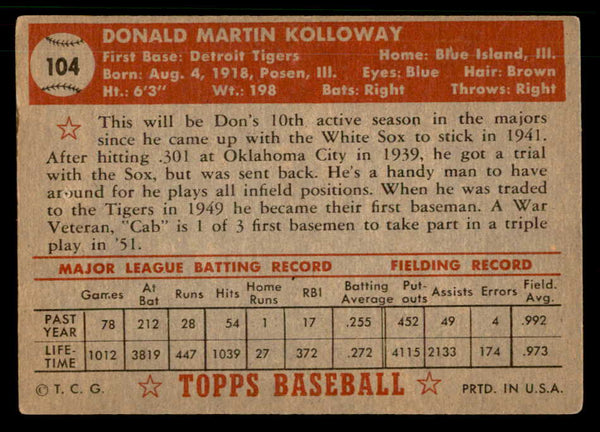 1952 Topps Baseball #104 Don Kolloway Tigers VG-EX 559210