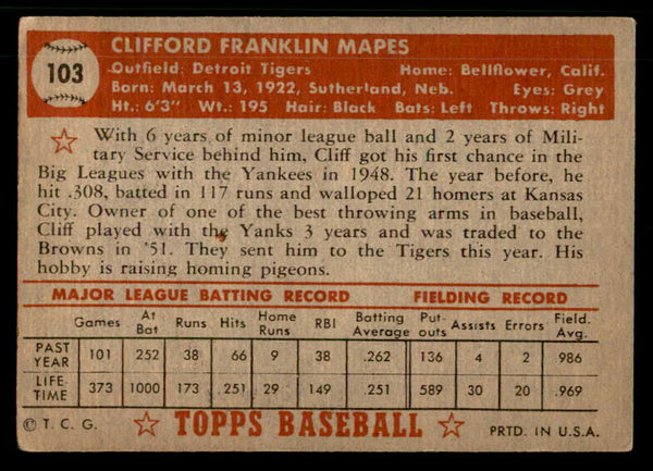 1952 Topps Baseball #103 Cliff Mapes Tigers VG-EX 559211