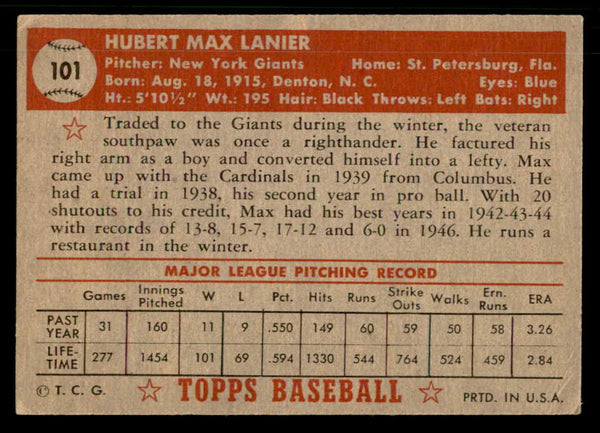 1952 Topps Baseball #101 Max Lanier Giants VG-EX 559212