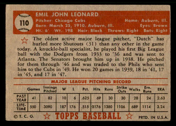 1952 Topps Baseball #110 Dutch Leonard Cubs VG 559217