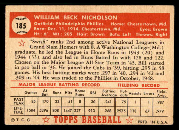 1952 Topps Baseball #185 Bill Nicholson Phillies VG-EX 559224