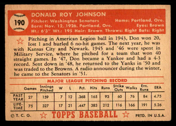 1952 Topps Baseball #190 Don Johnson Senators VG-EX 559226