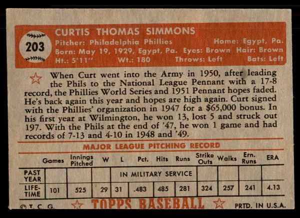 1952 Topps Baseball #203 Curt Simmons Phillies VG-EX 559227