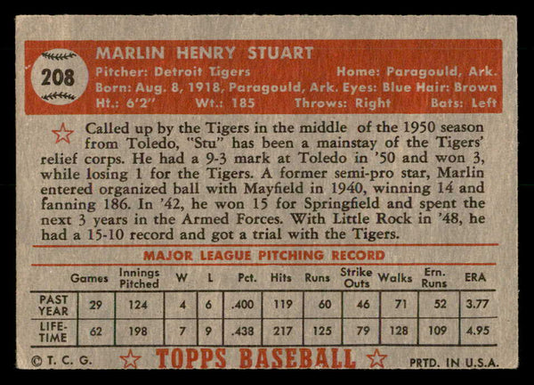 1952 Topps Baseball #208 Marlin Stuart Tigers VG-EX 559230