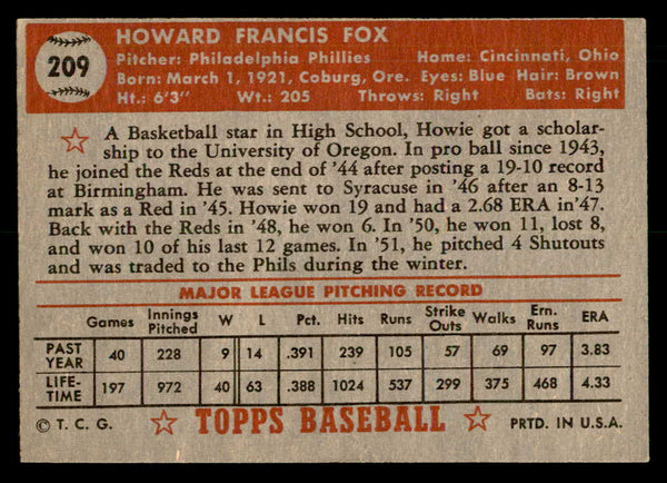 1952 Topps Baseball #209 Howie Fox Phillies VG-EX 559231