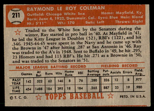 1952 Topps Baseball #211 Ray Coleman White Sox VG-EX 559232