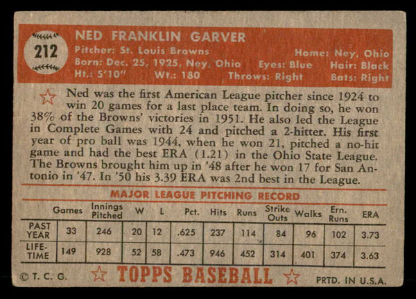 1952 Topps Baseball #212 Ned Garver Browns VG-EX 559233