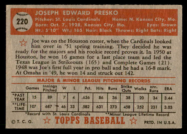 1952 Topps Baseball #220 Joe Presko Cardinals VG-EX 559234