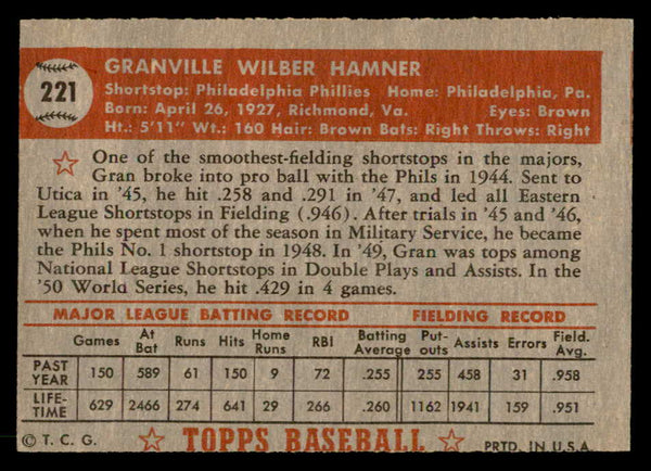 1952 Topps Baseball #221 Granny Hamner Phillies VG-EX 559235