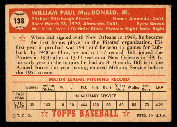 1952 Topps Baseball #138 Bill Macdonald Pirates VG-EX 559241