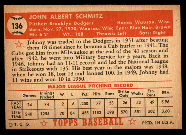 1952 Topps Baseball #136 Johnny Schmitz Dodgers VG-EX 559245