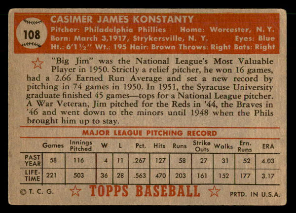 1952 Topps Baseball #108 Jim Konstanty Phillies VG-EX 559249