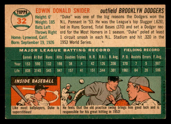 1954 Topps Baseball #032 Duke Snider Dodgers EX+/EX-MT 559256