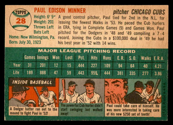 1954 Topps Baseball #028 Paul Minner Cubs NR-MT 559269