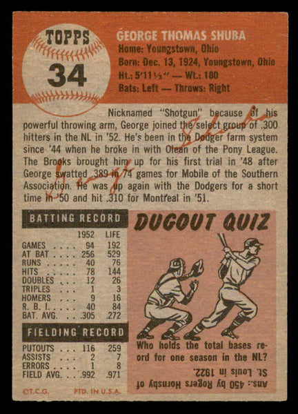1953 Topps Baseball #034 George Shuba Dodgers EX-MT 559284