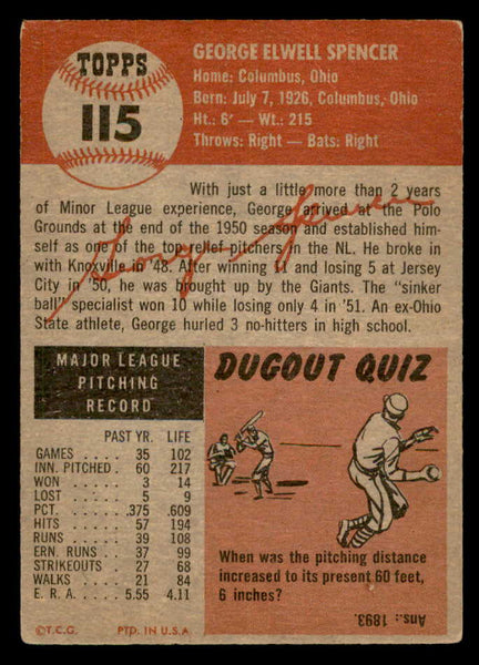 1953 Topps Baseball #115 George Spencer Giants VG-EX 559286
