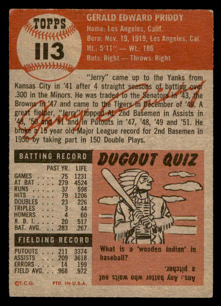 1953 Topps Baseball #113 Jerry Priddy Tigers VG-EX 559293