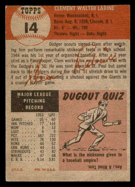 1953 Topps Baseball #014 Clem Labine Dodgers Good 559295