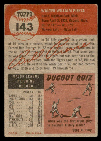 1953 Topps Baseball #143 Billy Pierce White Sox VG 559300