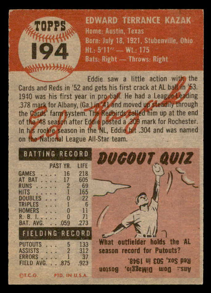 1953 Topps Baseball #194 Eddie Kazak Tigers EX-MT 559306
