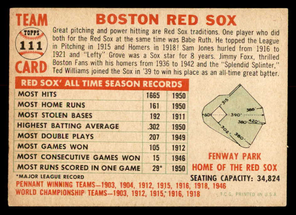 1956 Topps Baseball #111 Boston Red Sox Team EX White 559333