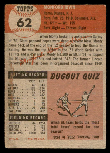 1953 Topps Baseball #062 Monte Irvin Giants VG-EX 559340