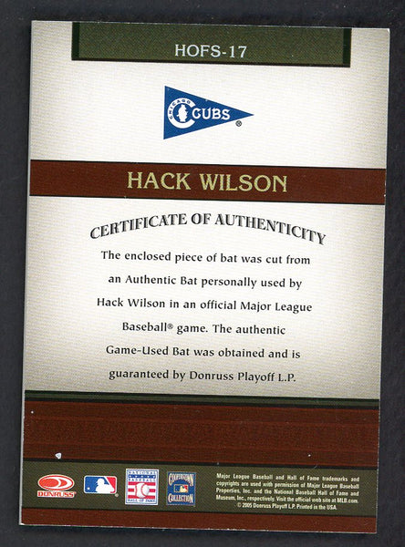 2005 Donruss Greats #HOFS17 Hack Wilson Cubs Bat Relic 559371