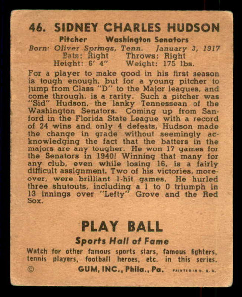 1941 Play Ball #046 Sid Hudson Senators VG-EX 559507