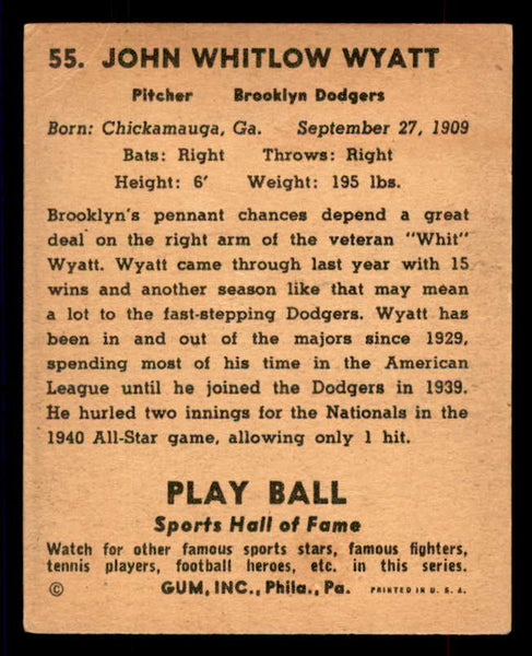 1941 Play Ball #055 Whit Wyatt Dodgers VG/VG-EX 559515