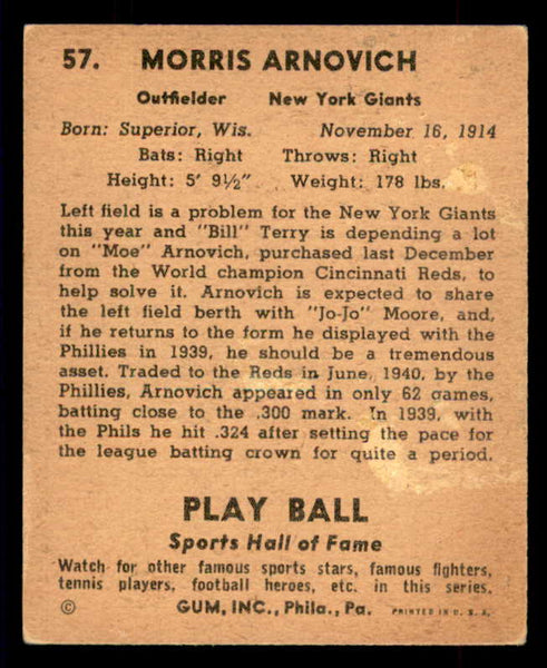 1941 Play Ball #057 Morrie Arnovich Giants VG residue back 559516