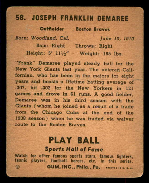 1941 Play Ball #058 Frank Demaree Braves VG 559517